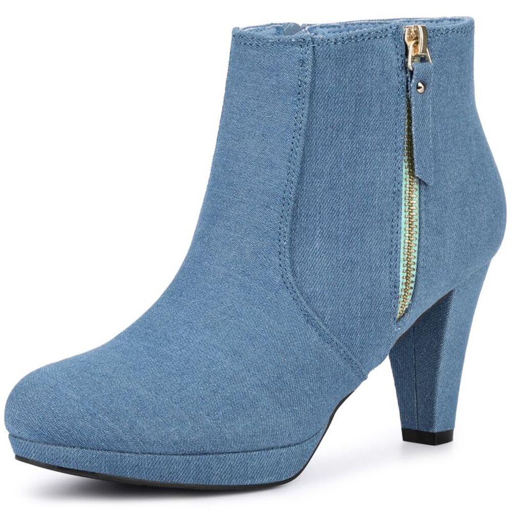 Side Zip Low Platform Chunky Heel Ankle Booties Denim Blue